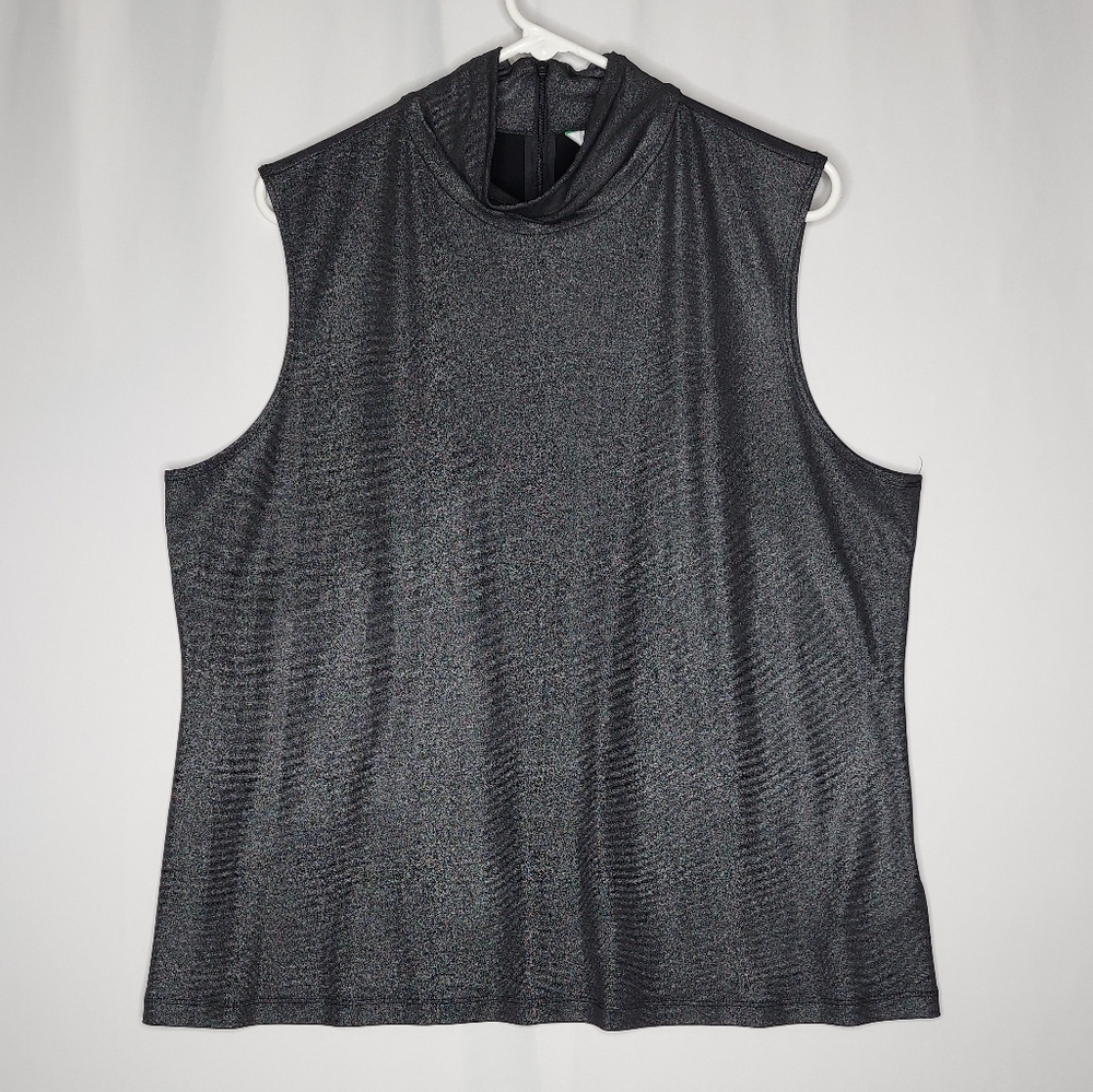 Laura Ashley Vtg Mock Neck Tank Top XL‎ Metallic Black-Gray Stretch Zip Blouse